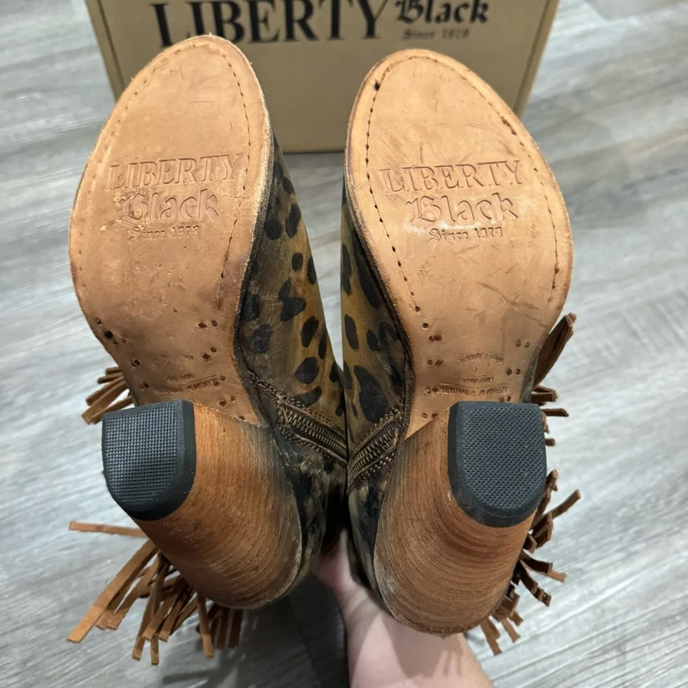 Liberty Chita Miel Concho Fringe Peep Black Leopard Stone Washed Boots Booties - Picture 8 of 10